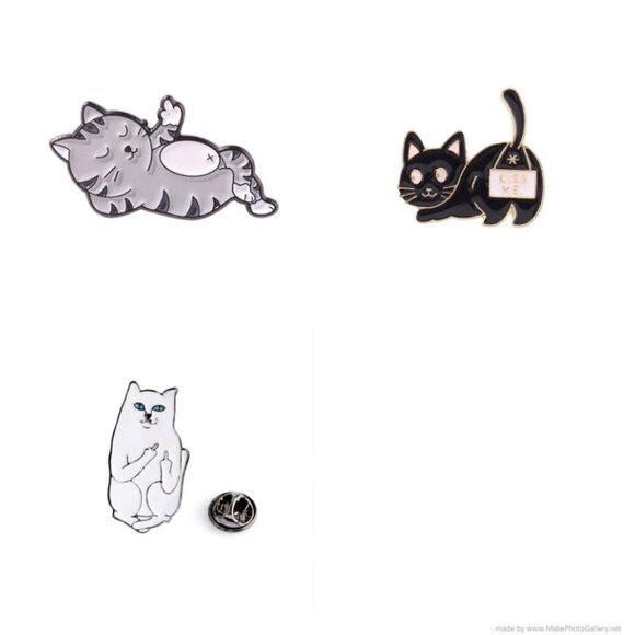 Bad Cats Lapel Pin Set Kiss My Butt Flipping the Bird Kitty Pin set - Picture 1 of 2